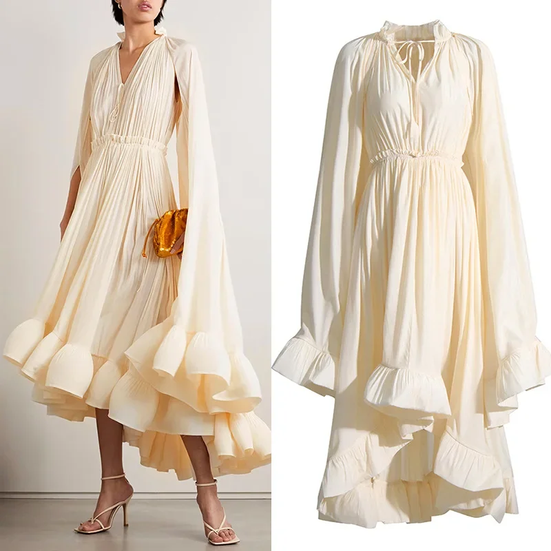 

French Retro High-end Palace Style 2024 New V-neck Long-sleeved Shawl Waist Pleated Ruffle Dress Vintage Dress