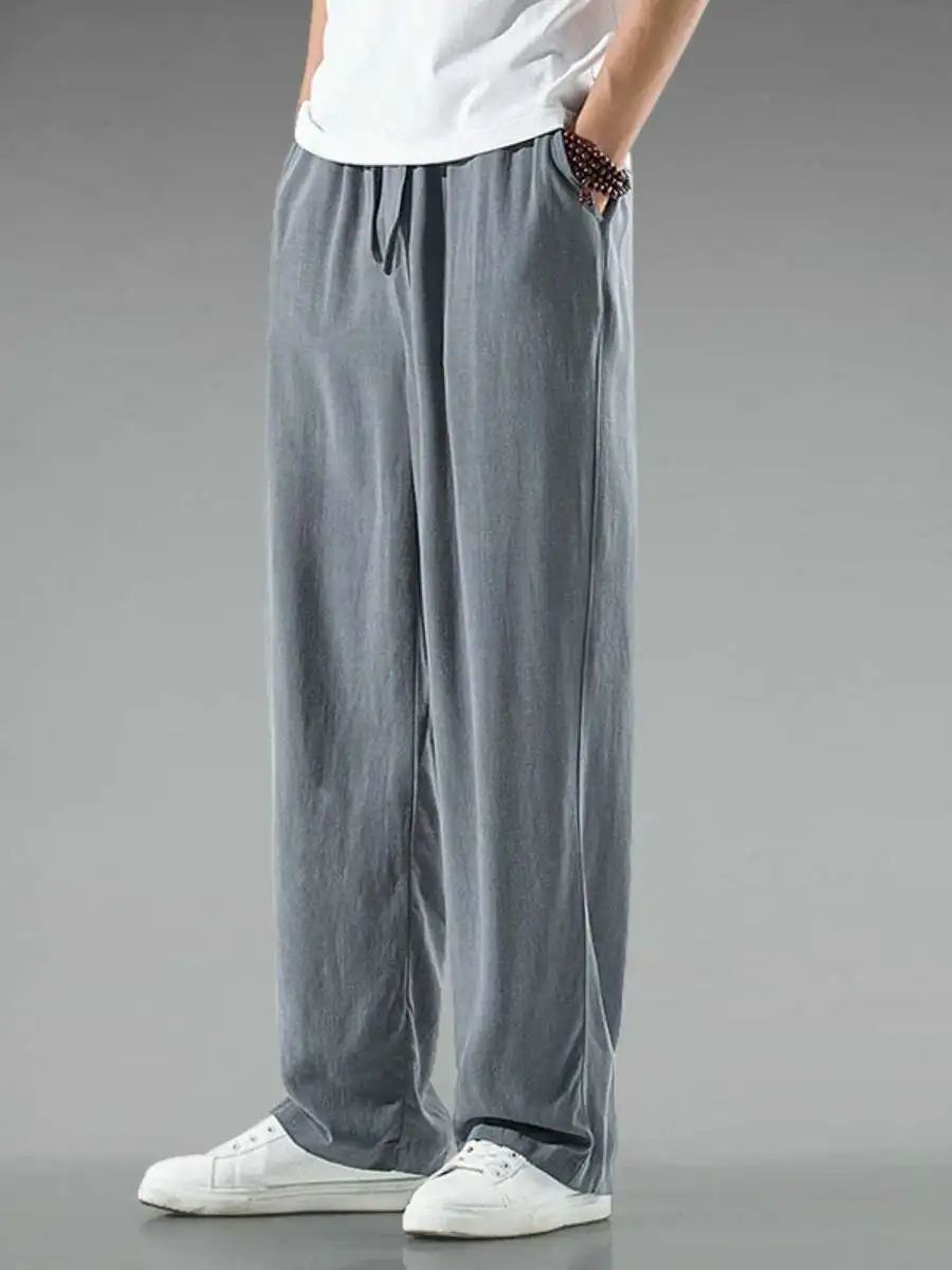 

Легкие дышащие льняные мужские летние свободные прямые повседневные брюки из хлопка и льна, широкие длинные брюки