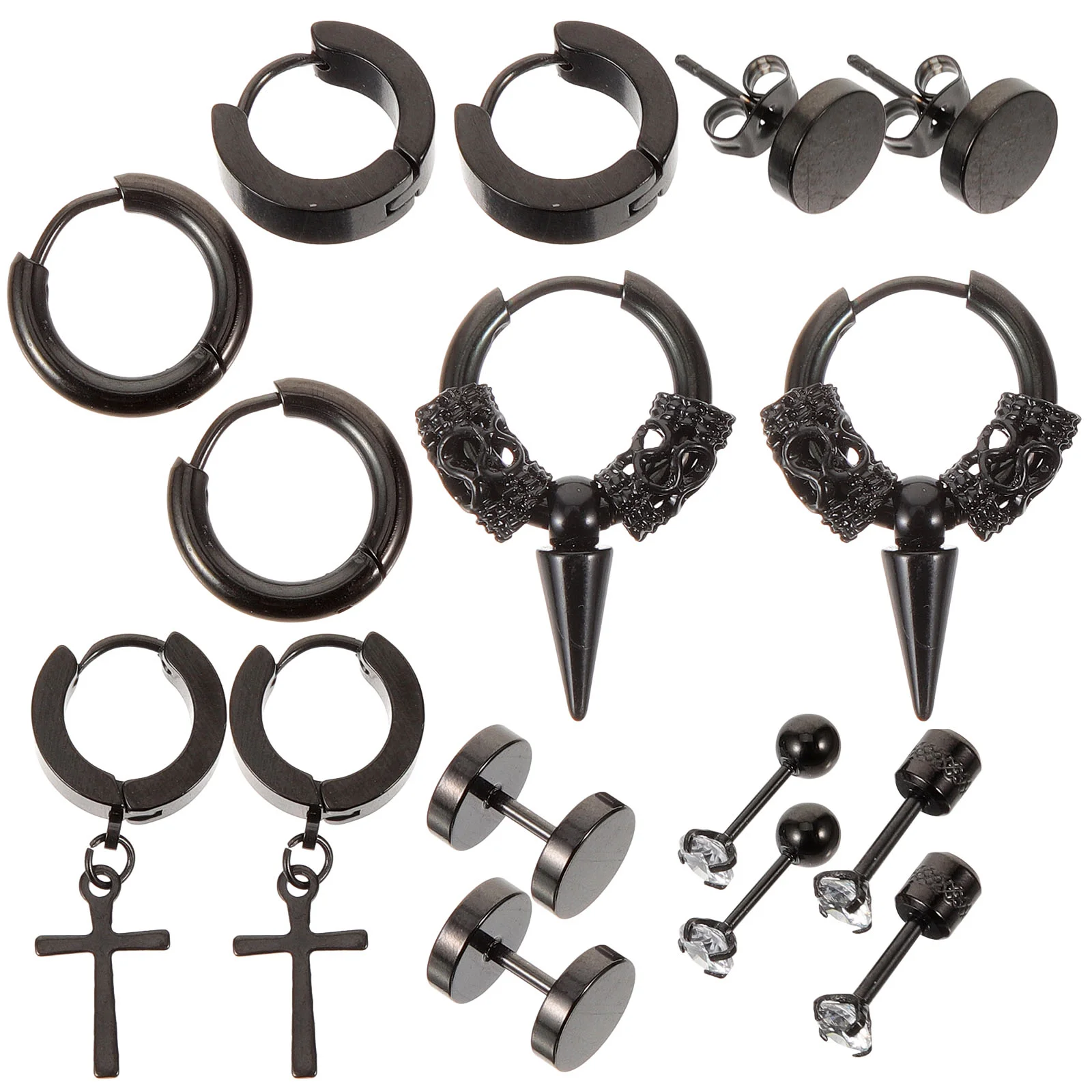 Gold Hoop Earrings Men's Stainless Steel Black 16-in-1 8 Pairs Suits Hoops Miss