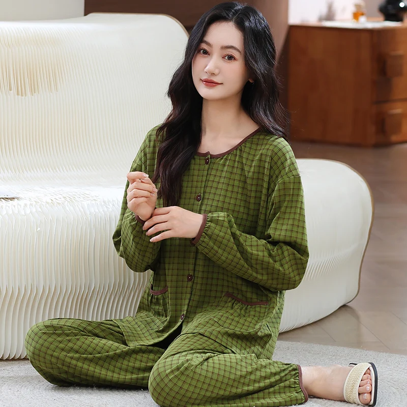 

Домашняя одежда для женщин, пижамные комплекты из чистого хлопка, осенне-весенний модный кардиган, пижамы, женские клетчатые принты, женская одежда для сна