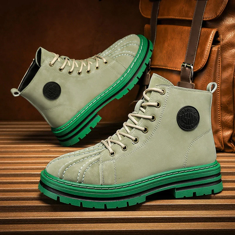 

Hot Sale Fashion Green Work Boots for Men Breathable Leather Ankle Boots Men Lace-up Platform Boots Casual Men Botas Masculino