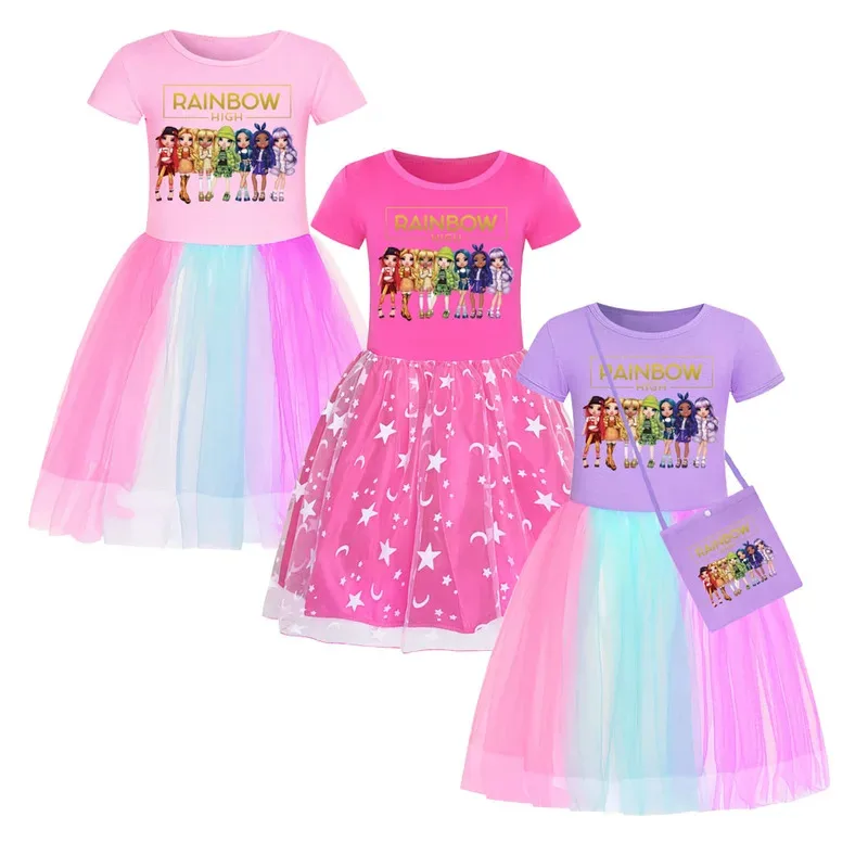 

Лидер продаж, радужные высокие платья для маленьких девочек, детская летняя одежда радужной высокой одежды, детское платье принцессы, костюм для дня рождения с сумкой
