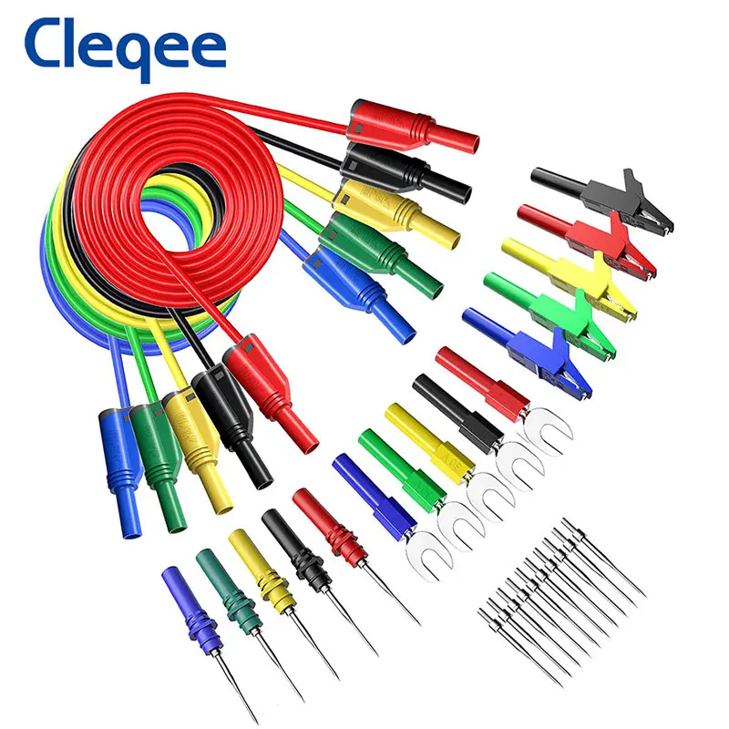 Cleqee P1050B 20PCS Stackable 4mm Banana Plug Silicone Test Lead Kit Alligator Clip U-type Harpoon