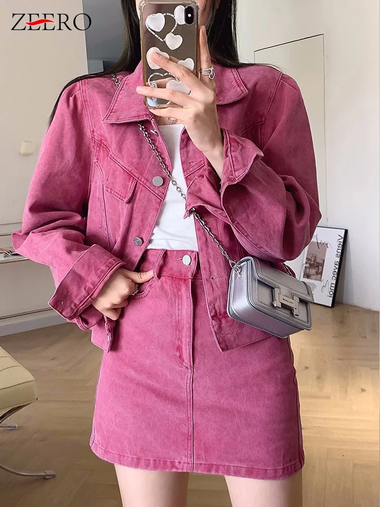 

Women Spring Vintage Long Sleeve Short Denim Jacket Coat + A-Line Mini Skirt Sets Female Casual Pink 2 Piece Sets Womens Outfits