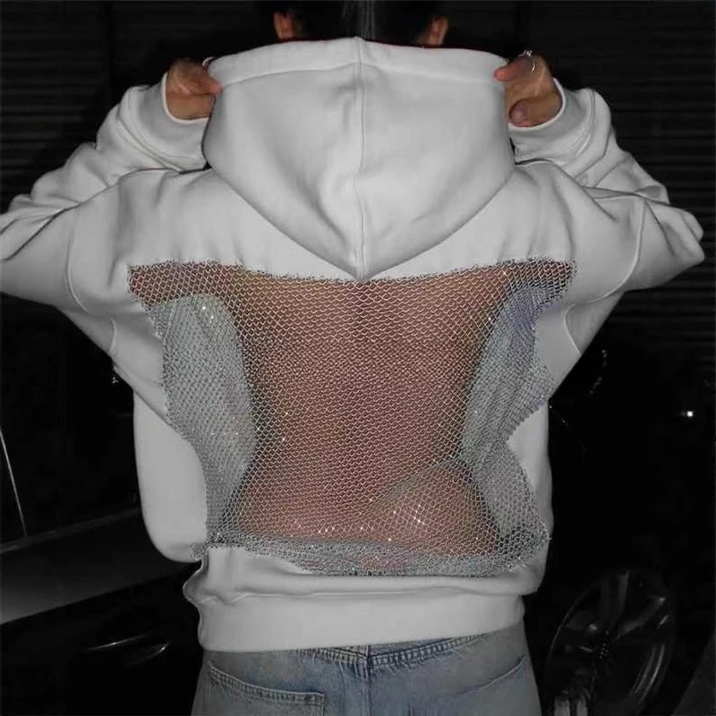

American Gothic Sexy Hollow Mesh Hoodie Y2K Clothes Womens Fashion Translucent Pullover Sweatshirt Casual Long Sleeves Jacket