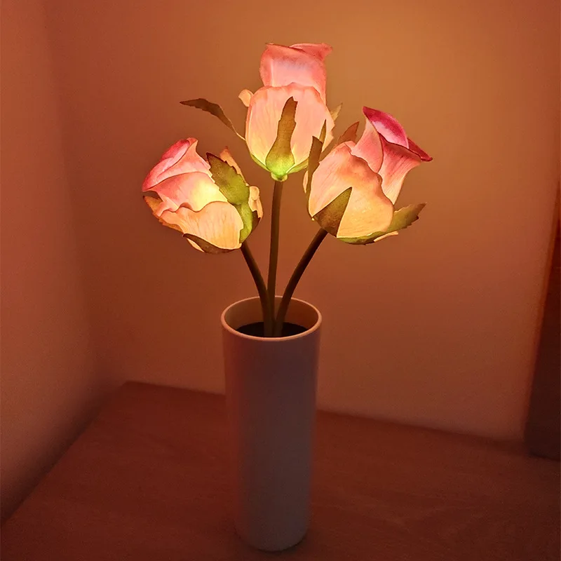 Lifelike LED Rose Tulip Flower Vase Lamp Night Light Table Lamp Battery Power For Home Bedroom Bedside Wedding Decor Night Lamp