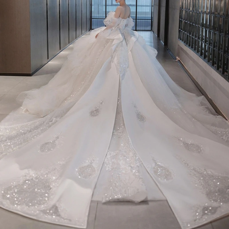 

Gorgeous Princess Bride Wedding Dresses With Train Off Shoulder Beading Big Ball Bridal Gown robe de mariée свадебное платье