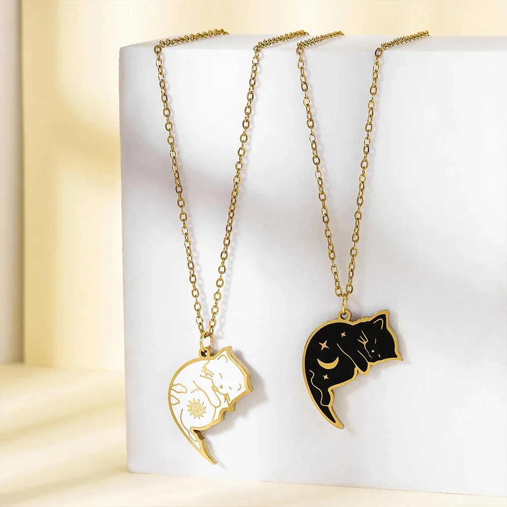 Best Friend Yin Yang Cat Necklace Stainless Steel Pendant BFF Friendship Love Jewelry for Women Girls Gifts