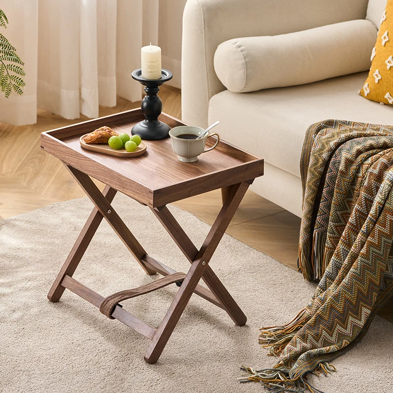 Walnut Folding Side Tables Solid Wood Coffee Tables with Detachable Tray Nordic End Table for Sofa Portable Outdoor Tea Desk