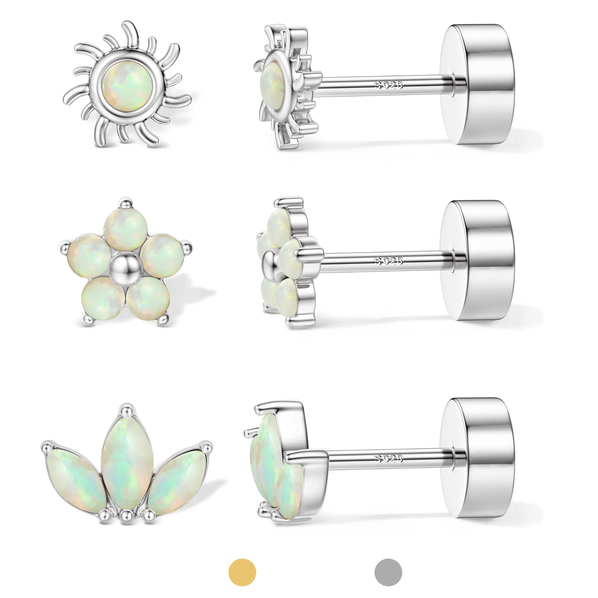 Drperfect 3 Pairs  20G Silver Needle Flat Back Stud Earrings for Women CZ Opal  Cartilage Conch Helix Tragus Piercing Jewelry