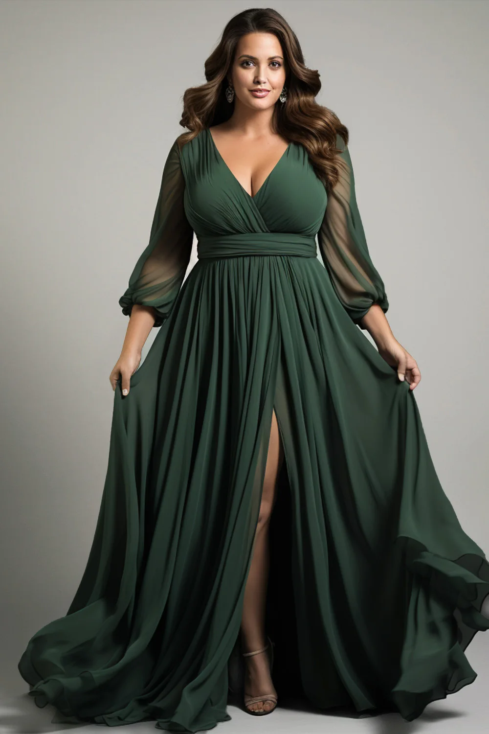 Flycurvy Plus Size Mother Of The Bride Dark Green Chiffon Wrap Lantern Sleeve Split Maxi Dress