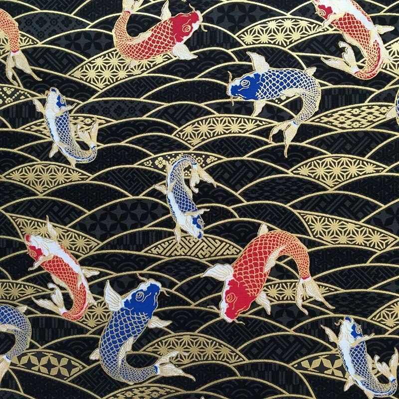 

Japanese Style Koi Fish Printed Bronzing Fabric Gold Fish Wave Patten For Kimono Cheongsam Bag Handmade Diy Clothing 100x150cm