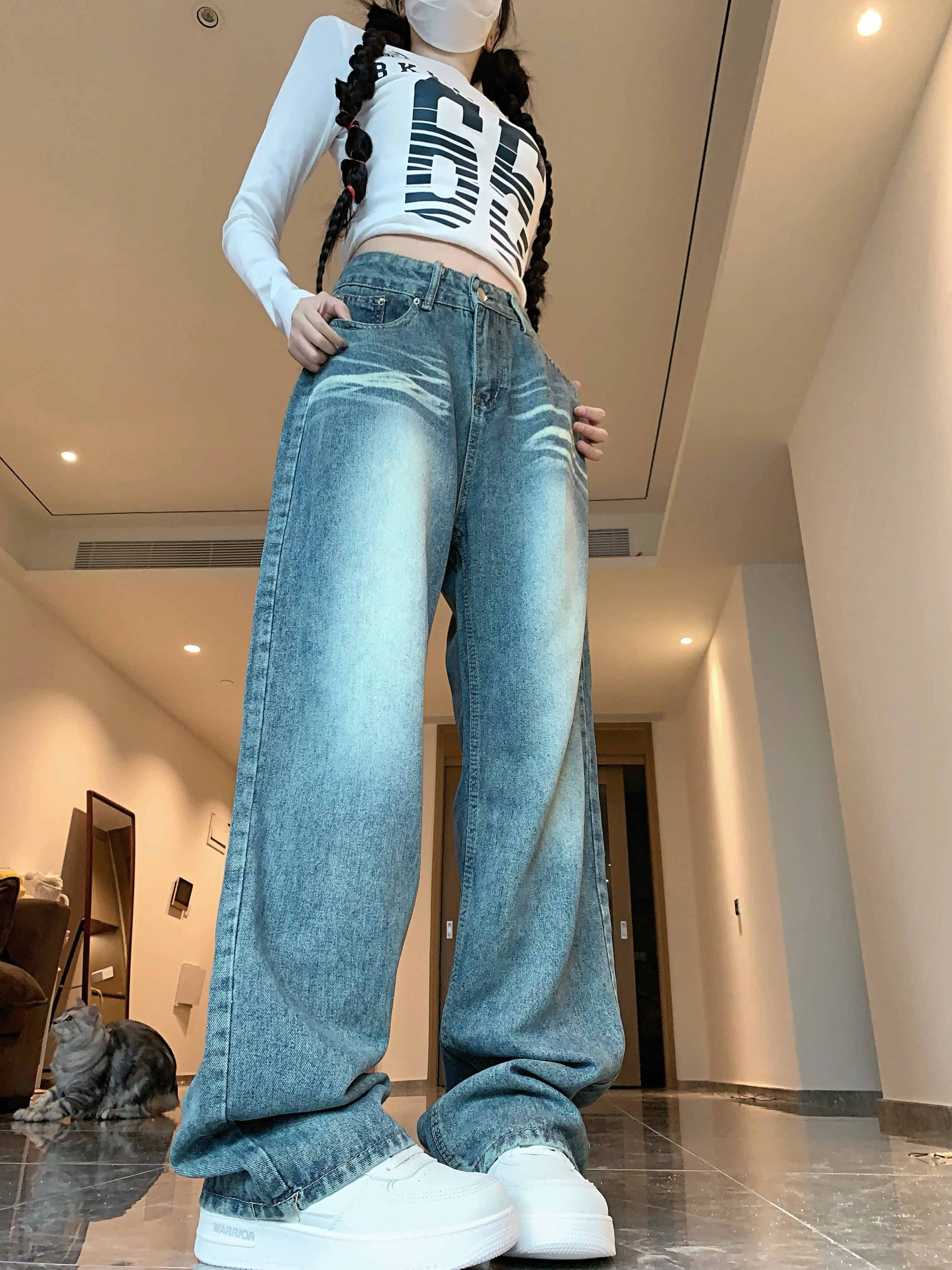 워싱 레트로 스트레이트 와이드 레그 진 신상 여성용 루즈핏 브러쉬드 스트레이트 팬츠