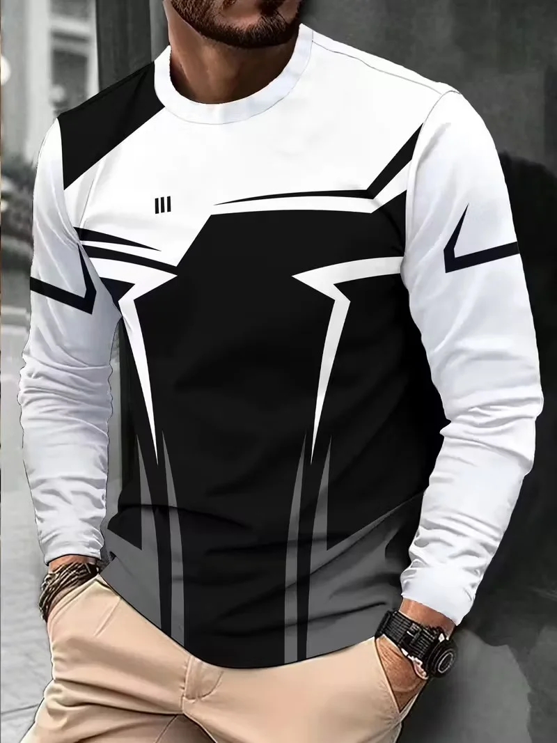 

Men's loose casual sports versatile fashion printed stripes with multiple patterns round neck long sleeved T-shirt men's top2026