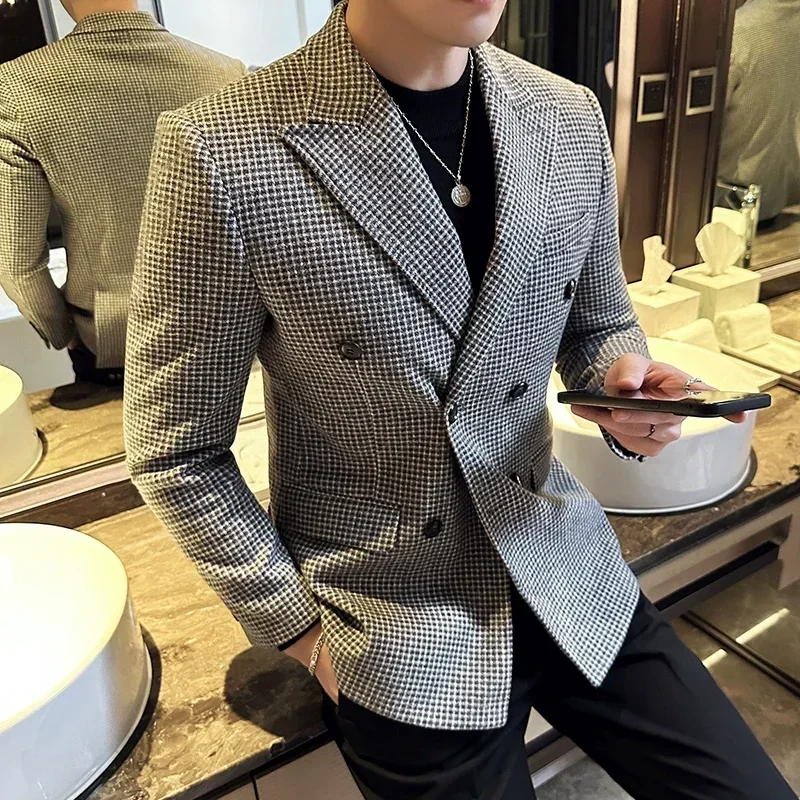 

British Style Men Double Breasted Slim Fit Blazer 2023 New Houndstooth Suit Jacket Formal Business Wedding Dress