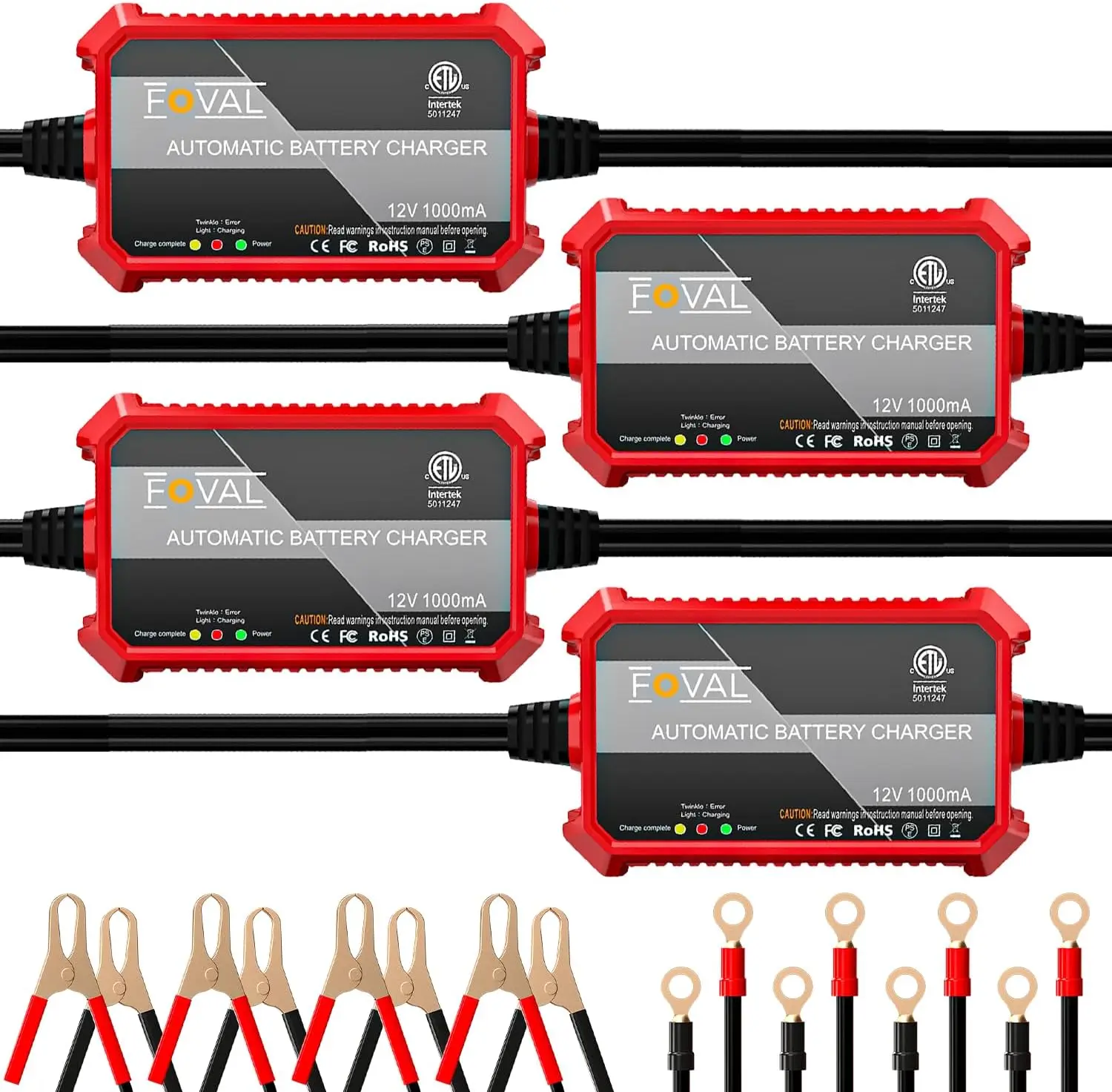 

4-Pack Fully Automatic 12V Battery Charger, 1000mA Smart Maintainer for Car Motorcycle ATV Boat Lawn Mower