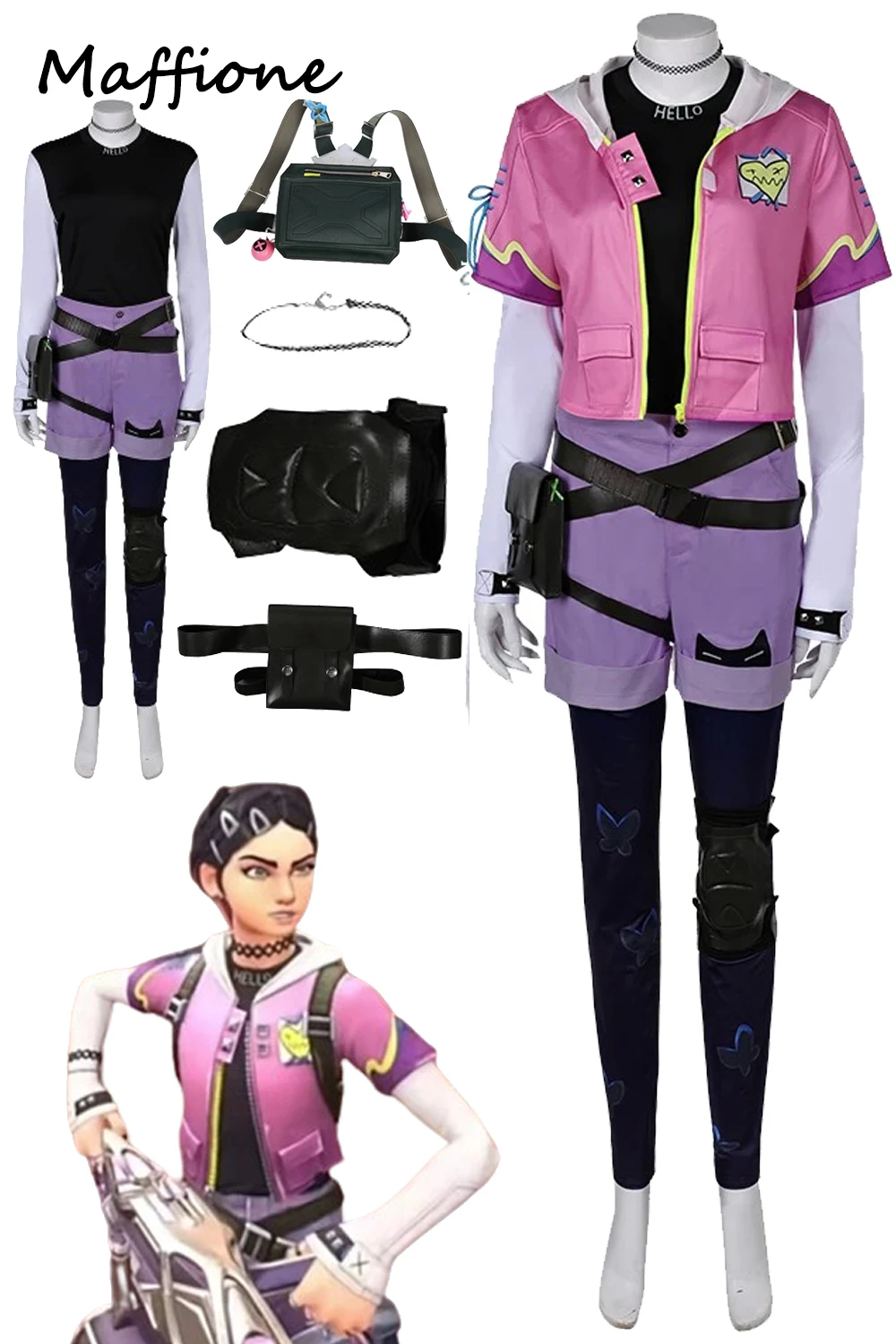 

Game Valorant Clove Cosplay Pink Costume Women Roleplay Jacket Backpack Knee Pads Belt Set Clothing Halloween Girls Fantasy Suit