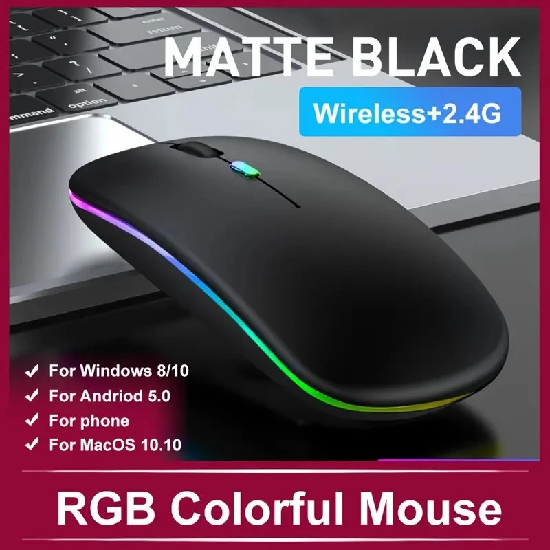 

Ergonomic Rechargeable Wireless Mouse with Mute Click, RGB Backlight, USB Connectivity for Laptops, PCs, and iPads