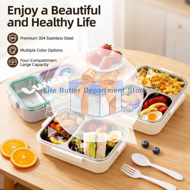 304 Stainless Steel 720ml Leak Proof Lunch Box 3 Compartments With Cutlery For Kids School Office Outdoor Picnics