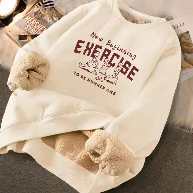 

Women's Winter Sweatshirt Plus Velvet Letter Print Thick Hooded Sweatshirt Warmth Padded Warm Fleece Lined Pullover Sweater Top