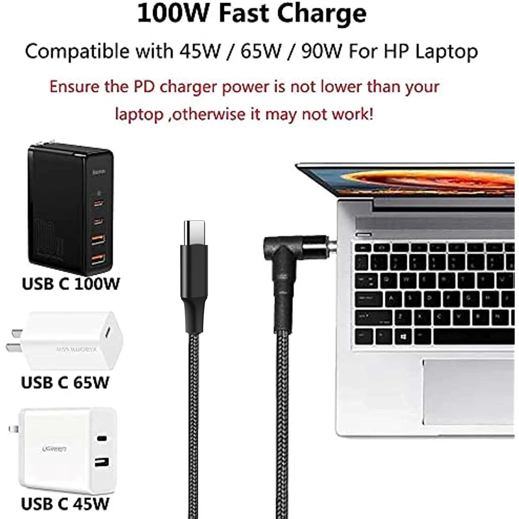 100W PD USB C to 4.5mm Laptop Charging Cable Type C to DC 4.5x3.0mm Power Supply Cord For HP Notebooks Stream 11 13 14 15 & More