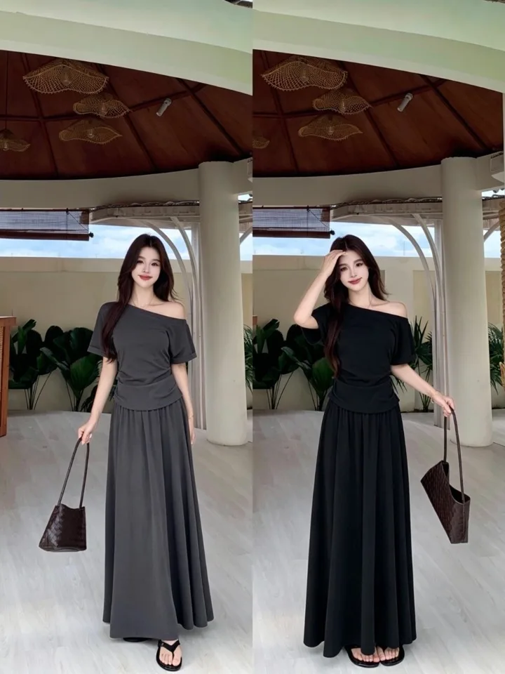 

Summer plus Size Slimming Gored Top High Waist Elastic Casual Versatile Fat MM Half Skirt Asymmetrical Flared A-Line Dress