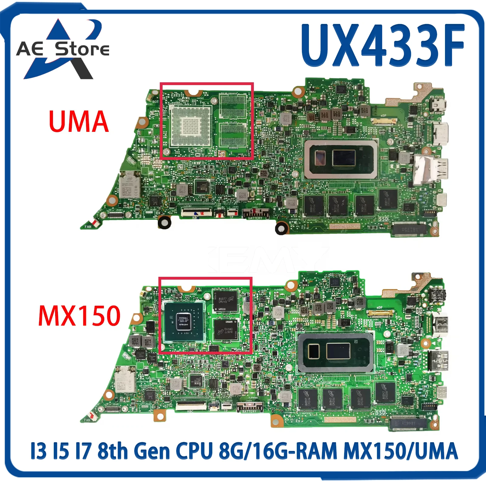 placa mae para laptop asus zenbook 13 ux433fn ux433fa u433fa u4300f placa mae i3 i5 i7 8th gen cpu 8g 16g ram mx150 uma 01