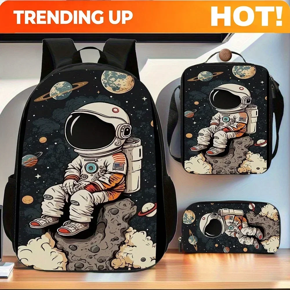 Custom Bag 3pcs Astronaut Pattern Backpack Set | Includes Large Capacity Casual Double Shoulder Backpack, Pencil Bag, And Lunch