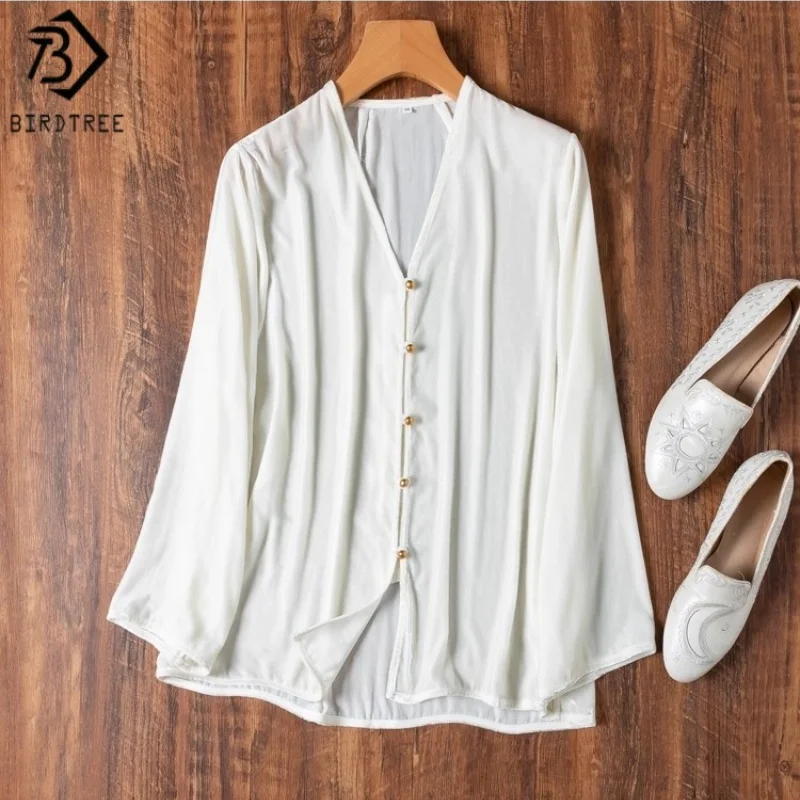 

Birdtree 100% Mulberry Silk White Velvet Shirt,Women Long Sleeve V-neck Single Breasted Metal Buckle Autumn Blouse T59106JF