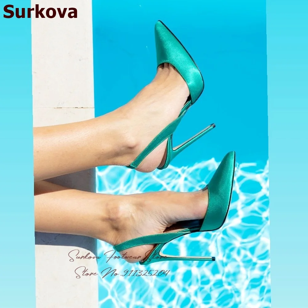 

Surkova Turquoise Satin Cloth Slingback Pointed Toe Shoes 12cm 10cm 8cm Stiletto Heel Shallow Dress Pumps Evening Footwear