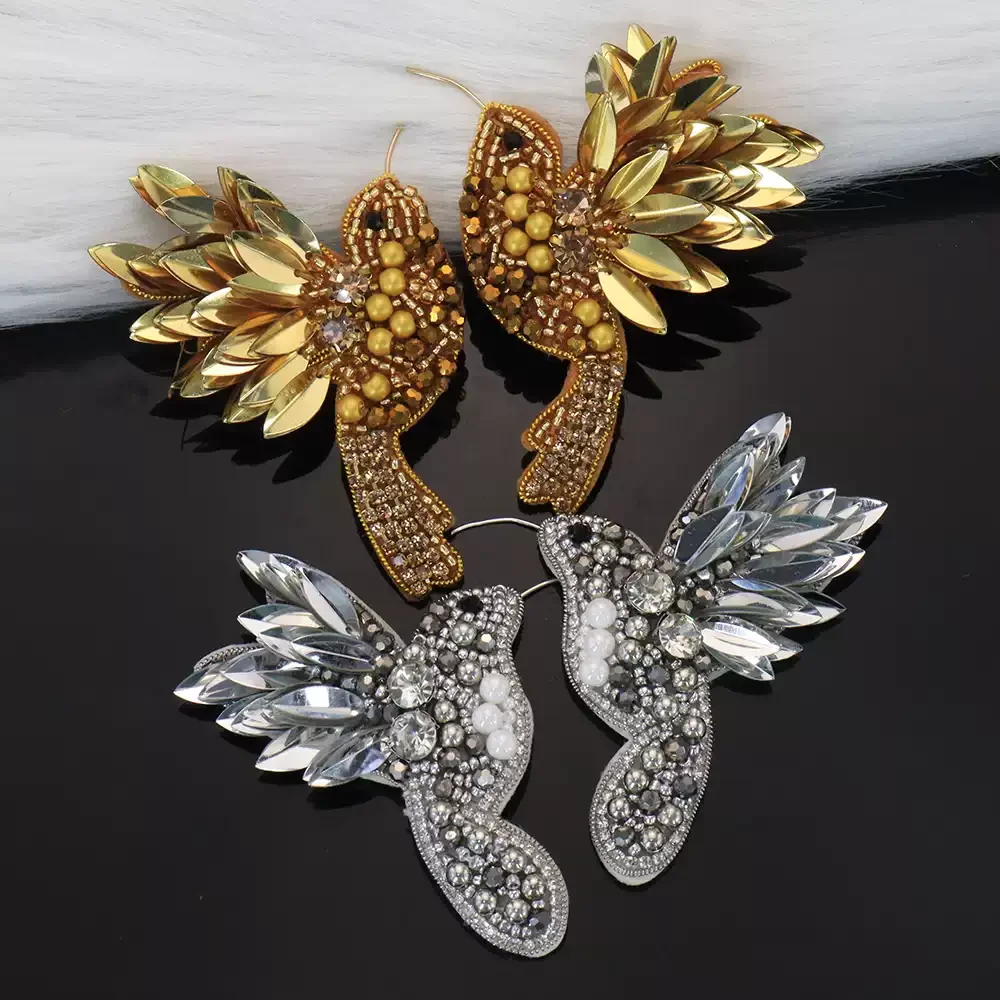 1pair Embroidered Beaded Applique for Clothes,Sparkly Bird Sew-on Embellishment  for Backpack Hat Vest, Swallow Sequin Patch
