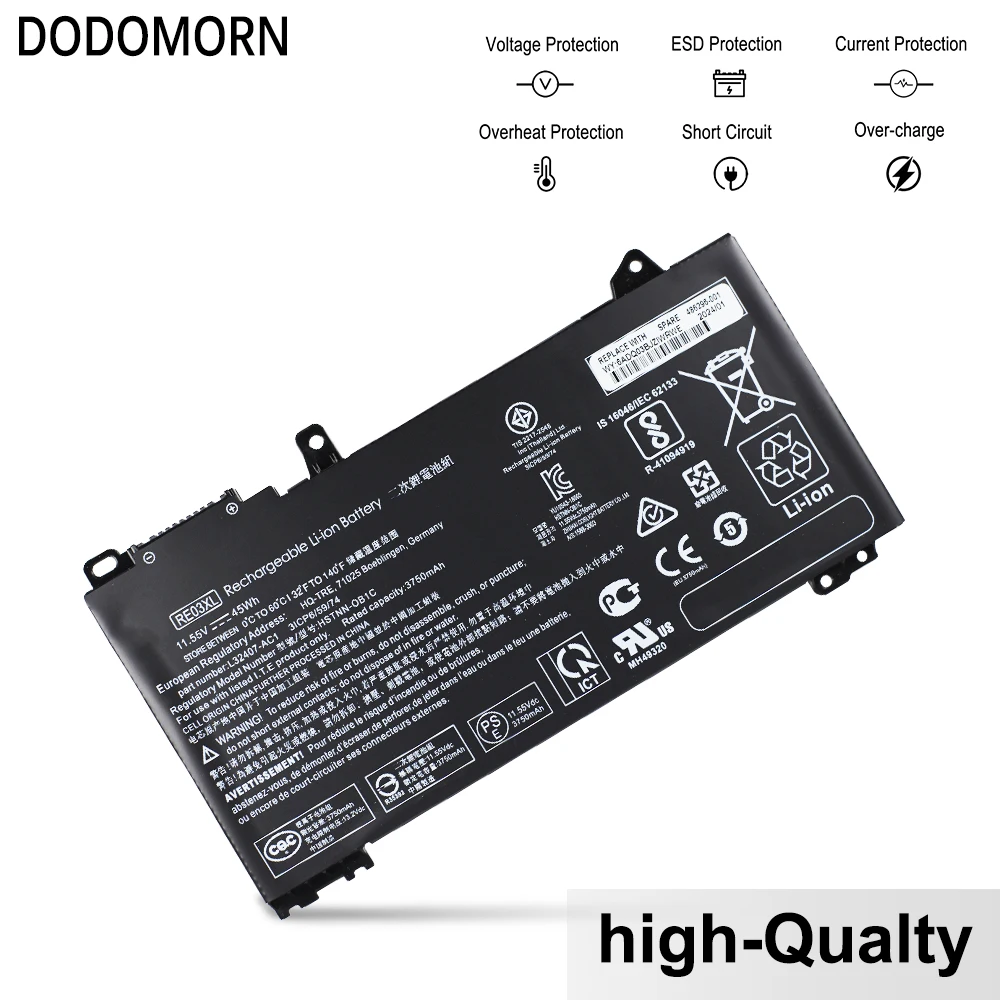 Dodomorn re03xl bateria do portátil para hp probook 430 440 445 450 455 g6 para zhan 66 pro 13 14 15 g2 HSTNN-OB1C 11.55v 45wh 3750mah