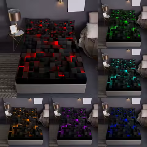 Red Grid 3D Visual Geometry Art Print Fitted Sheet Set Mattress Covers Soft Breathable Bedding Set 1* Fitted Sheet+2*Pillowcases