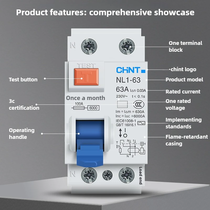 Genuine Chint NL1-63 Residual Current Breaker - 2P 25A/40A/63A 30/100/300mA Electromagnetic Leakage Protector