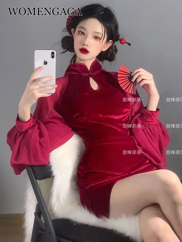 

WOMENGAGA Cheongsam Chinese Style Mini Dress Mesh Lace Long Sleeve Red Velvet Fashion Women Robe Sweet Korean Tops ARW8