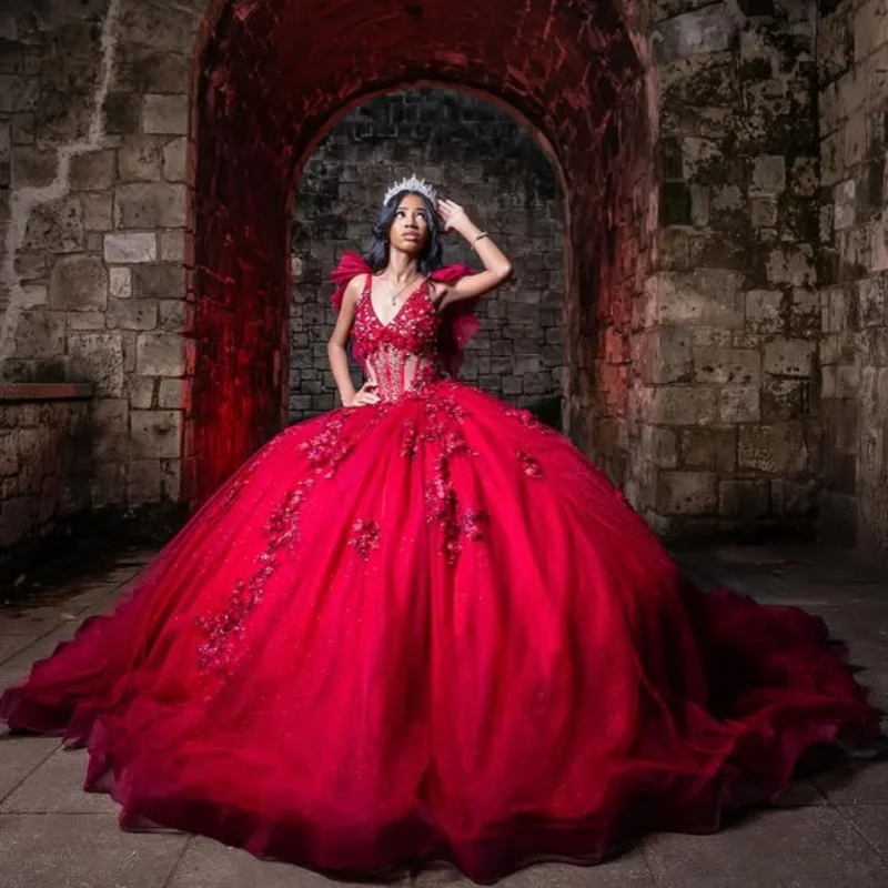 

Red Off Shoulder Quinceanera Dress Lace Tull sequin applique 3D flower crystal Long tail vestidos de 15 Quinceanera Customized