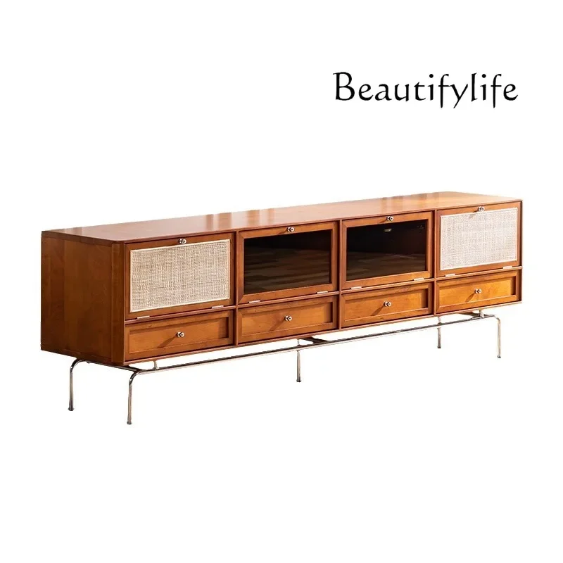 X40 Nordic Solid Wood TV Cabinet Household Small Apartment Storage Cabinet Retro Stainless Steel Storage Audio-visual Cabinet
