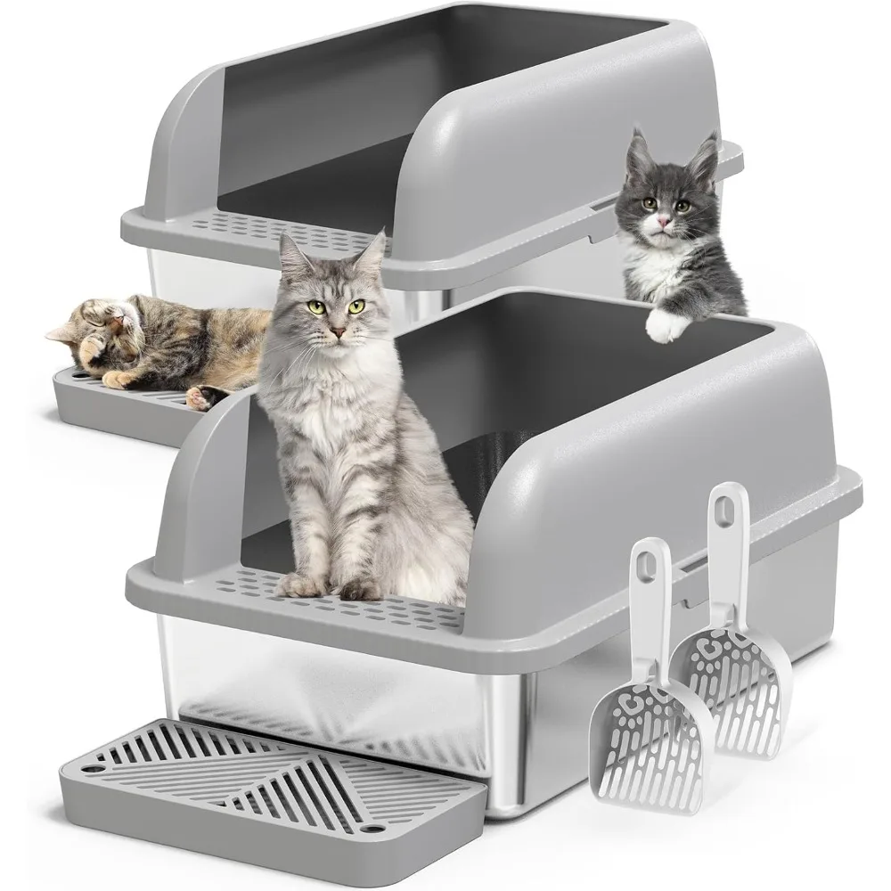 

2 Pack Stainless Steel Cat Litter Pan for Big Cats, Anti-Leakage High Wall, Non-Sticky Easy Cleaning Tray, Cat Litter Box