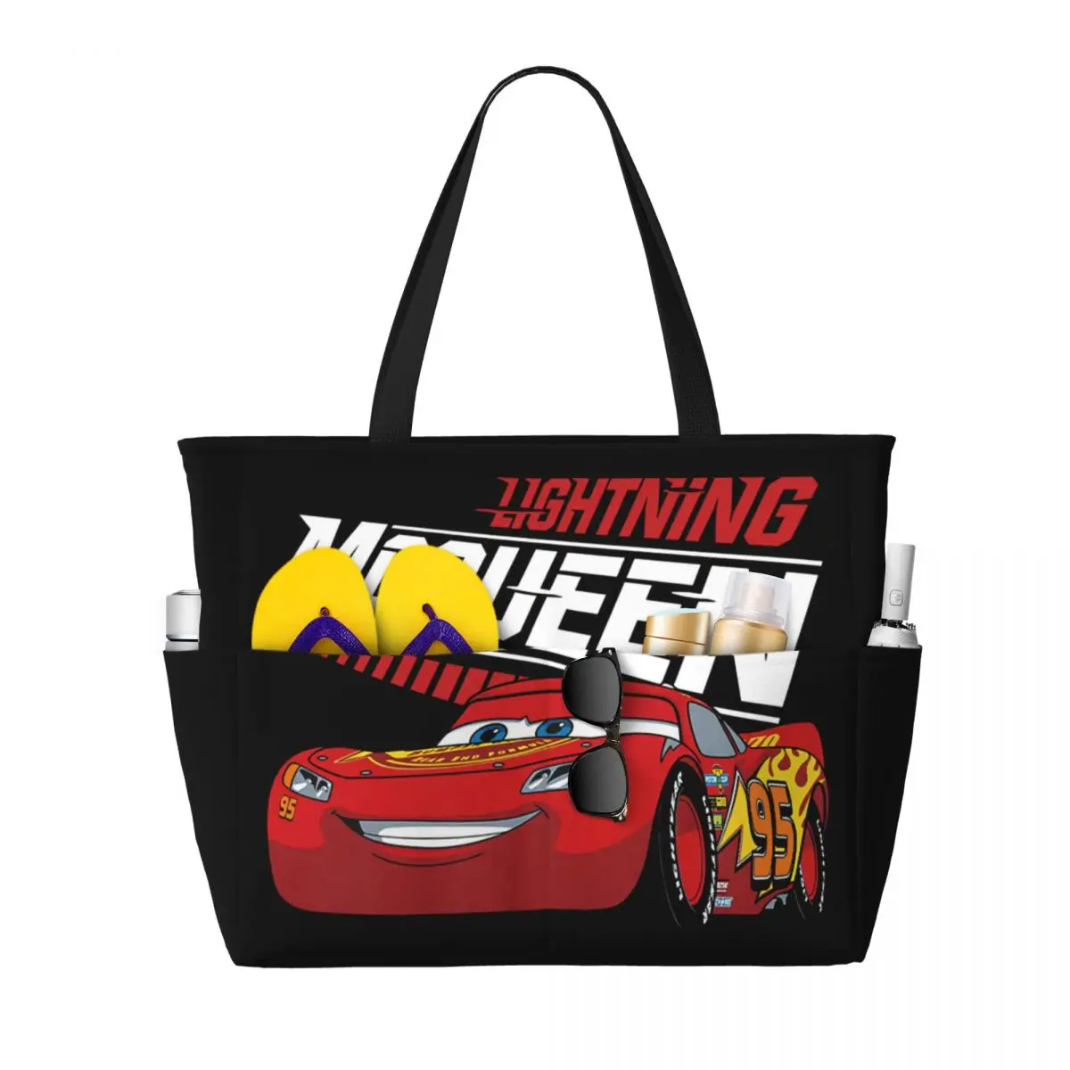 Custom Lightning McQueen Racer Beach Tote Bag Women Extra Large Gym Carry On Cartoon Cars Travel Shopping Bags