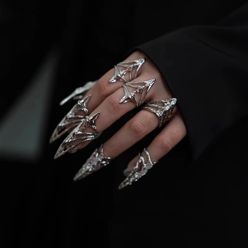 Punk Metal Nail Cover Bone Ring Gothic Rock Machinery Manicure Vingertop Ring Multilayer Vinger Ringen Cosplay Sieraden Set Gift