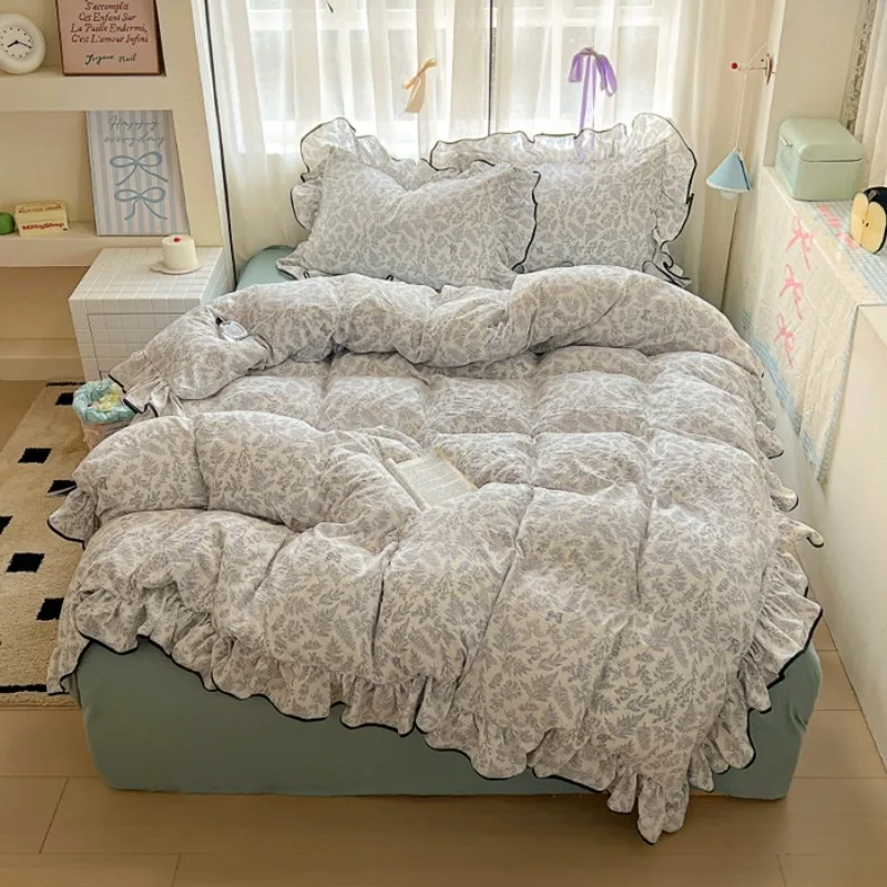 Cream lace girl powder grid Korean version bed four-piece set washed cotton double-layer yarn quilt cover dormitory