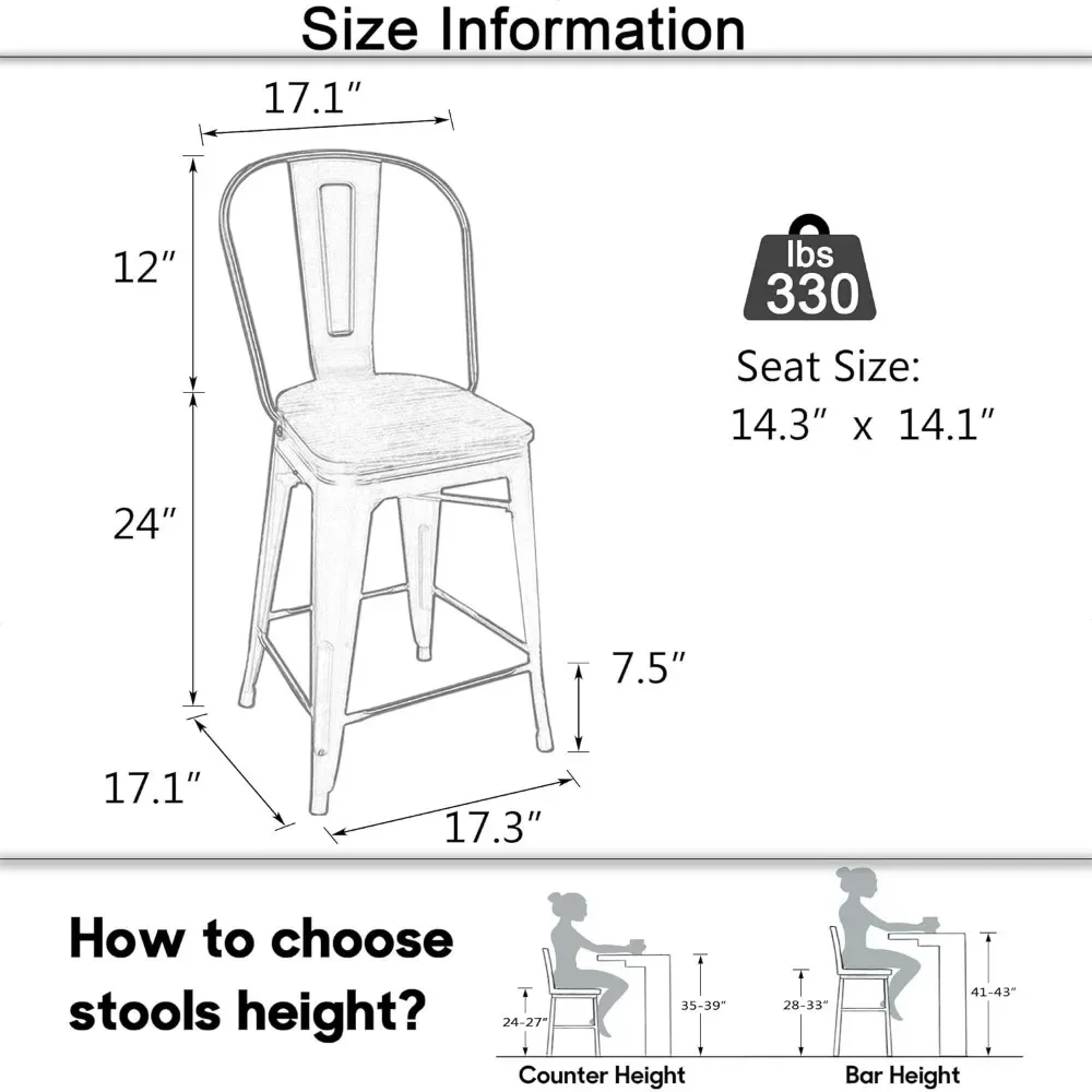 Metal Bar Stools Set, banquetas com Costas, Contra Altura, Quinta, assento maior, Costas altas, 4 em, 24 em