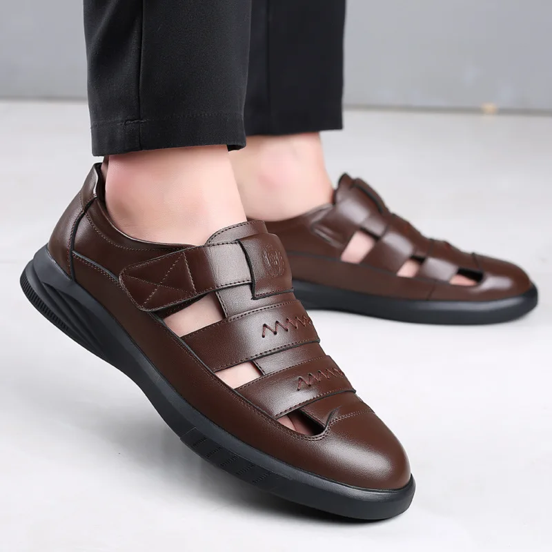 Cow Leather Men's Close Toe Sandal Hollow Summer Shoes Hook Loop Old Man Shoe