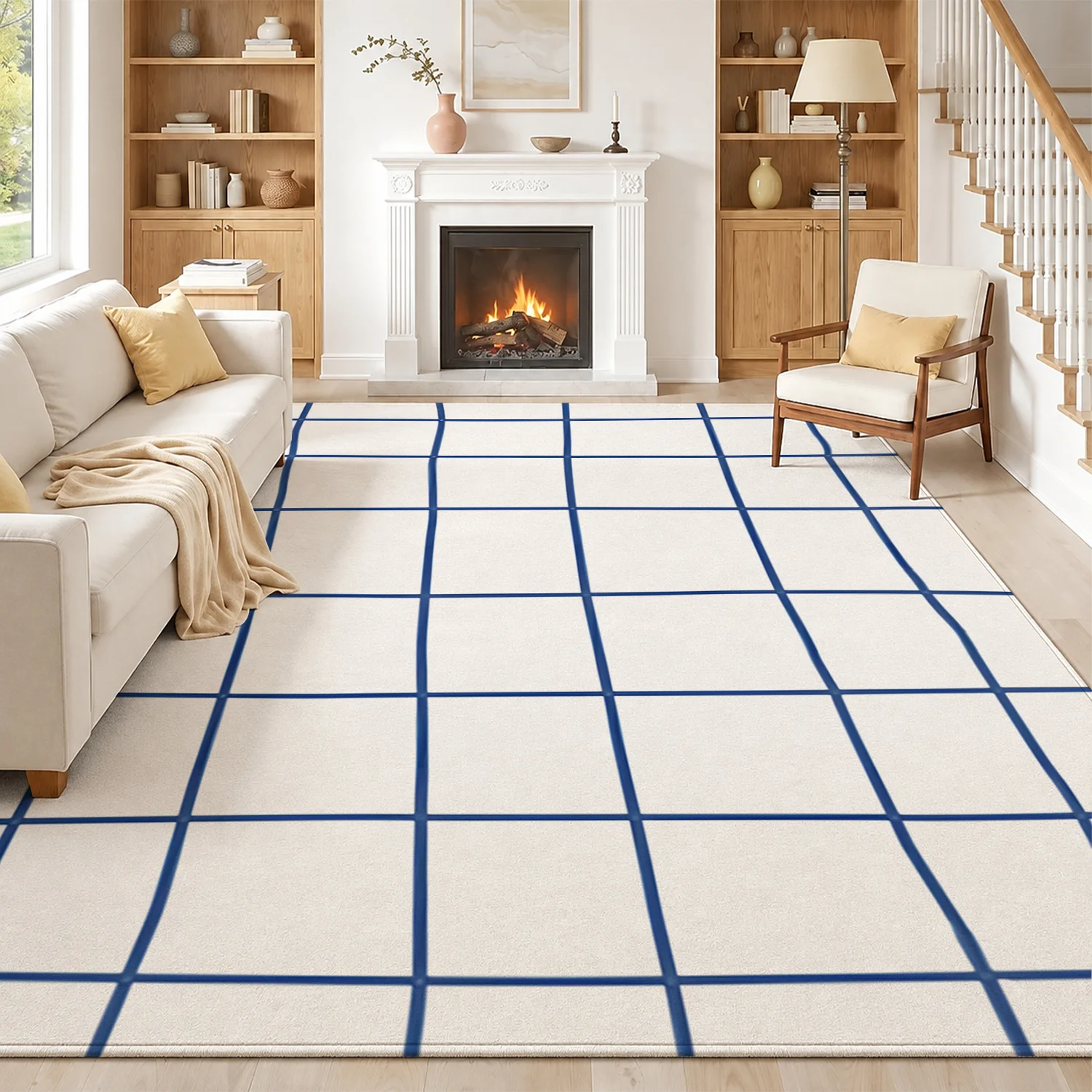 Large Indoor Area Rug – Soft Velvet, Low Pile, Non-slip Dotted Backing, Machine Washable Blue Grid Pattern Modern Rug for Living Room, Bedroom, Casual Home Decor