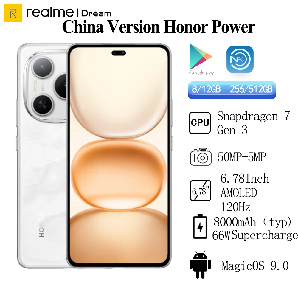 بطارية Honor Power Snapdragon 7 Gen3 بقدرة 8000 مللي أمبير في الساعة 66 وات كاميرا خلفية فائقة الشحن 50 ميجابكسل وشاشة OIS مقاس 6.78 بوصة تحديث AMOLED 120 هرتز NFC OTA
