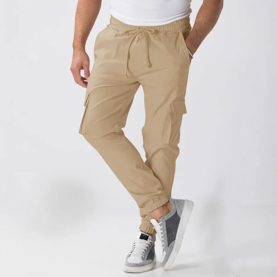 

Cargo Pants Loose Fit Jogger Commuter Sweatpants Solid Color Mature Casual Style Multi-Pocket Men's Drawstring Long Trousers