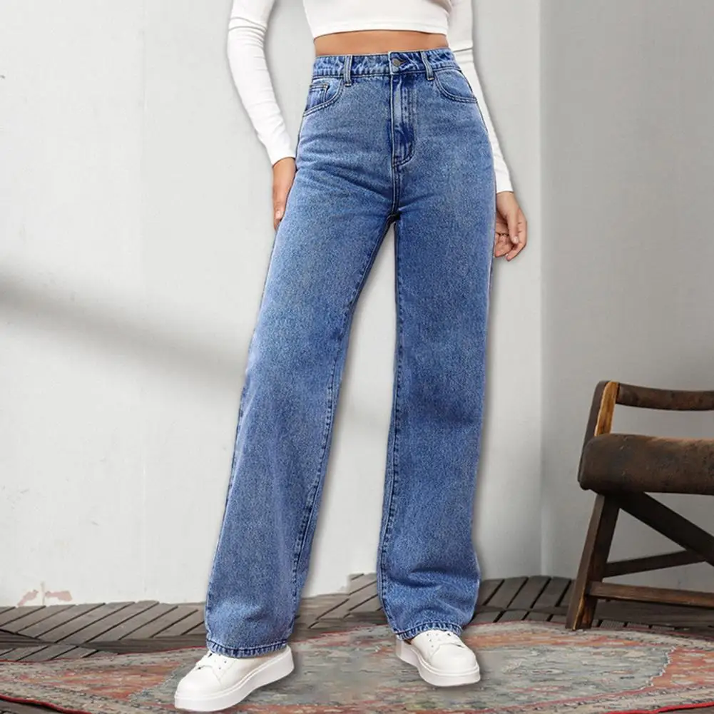 Slim Straight Jeans Stylish Women's High Waist Denim Pants Slim Fit Wide Leg Retro Straight Design with Soft Fabric Functional