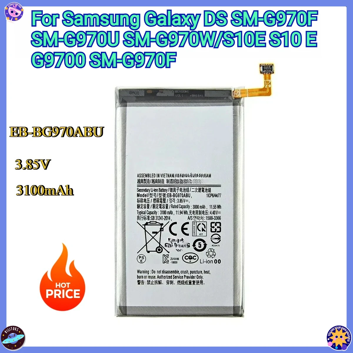 

New EB-BG970ABU 3100mAh Replacement Battery For Samsung Galaxy DS SM-G970F SM-G970U SM-G970W /S10E S10 E G9700 SM-G970F