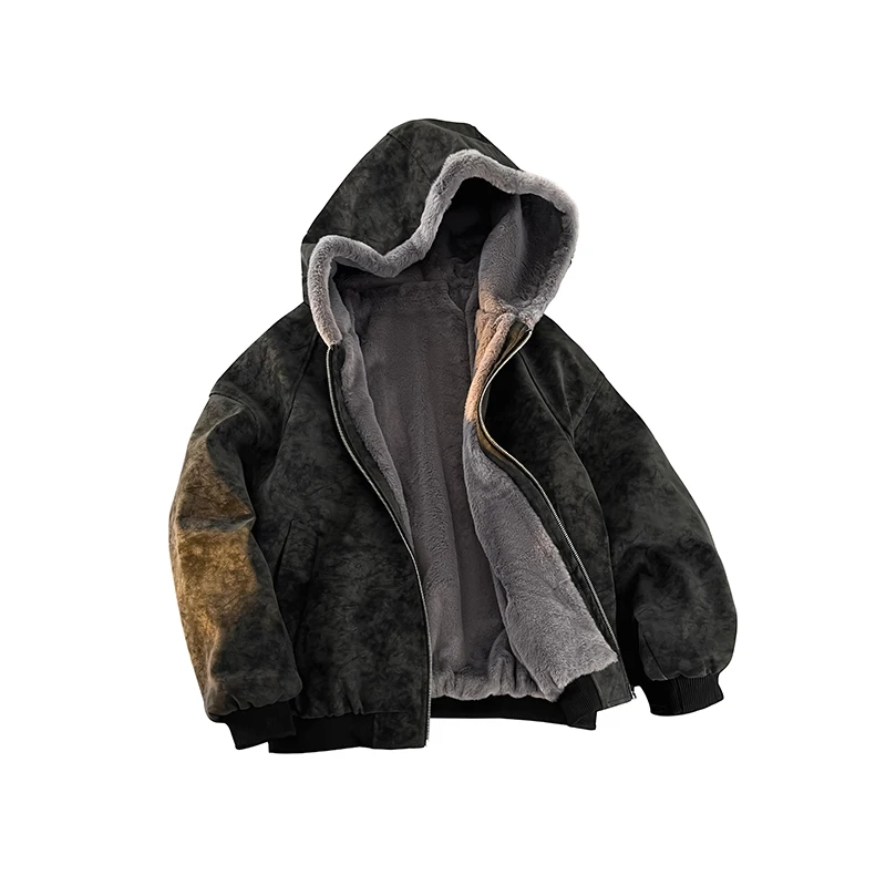 

Men's Fleece Lined Suede Hooded Jacket Retro Streetwear Bomber Coat Warm Thermal Outerwear for Casual and Hip-Hop Parkas PYM657