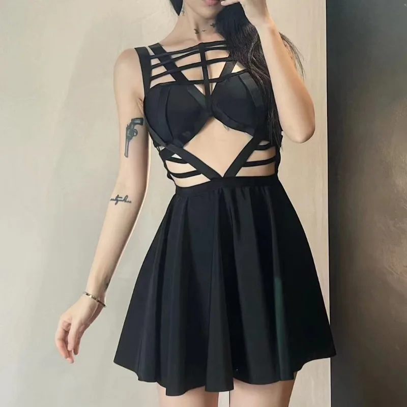 AltGoth Mall Goth Sexy Corset Dress Women Vintage Streetwear Hollow Out Criss-cross A-line Dress Emo Alt Grunge Elf Girl Dress